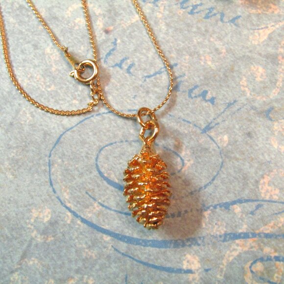 Gold Dipped Mini REAL Vintage Pinecone Charm Necklace and Earrings Set - Picture 4 of 7